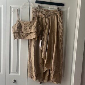 NWT Jason Wu Tan Beige Linen Wrap Eyelet Cropped Smocked Midi Skirt Tank Set, 8